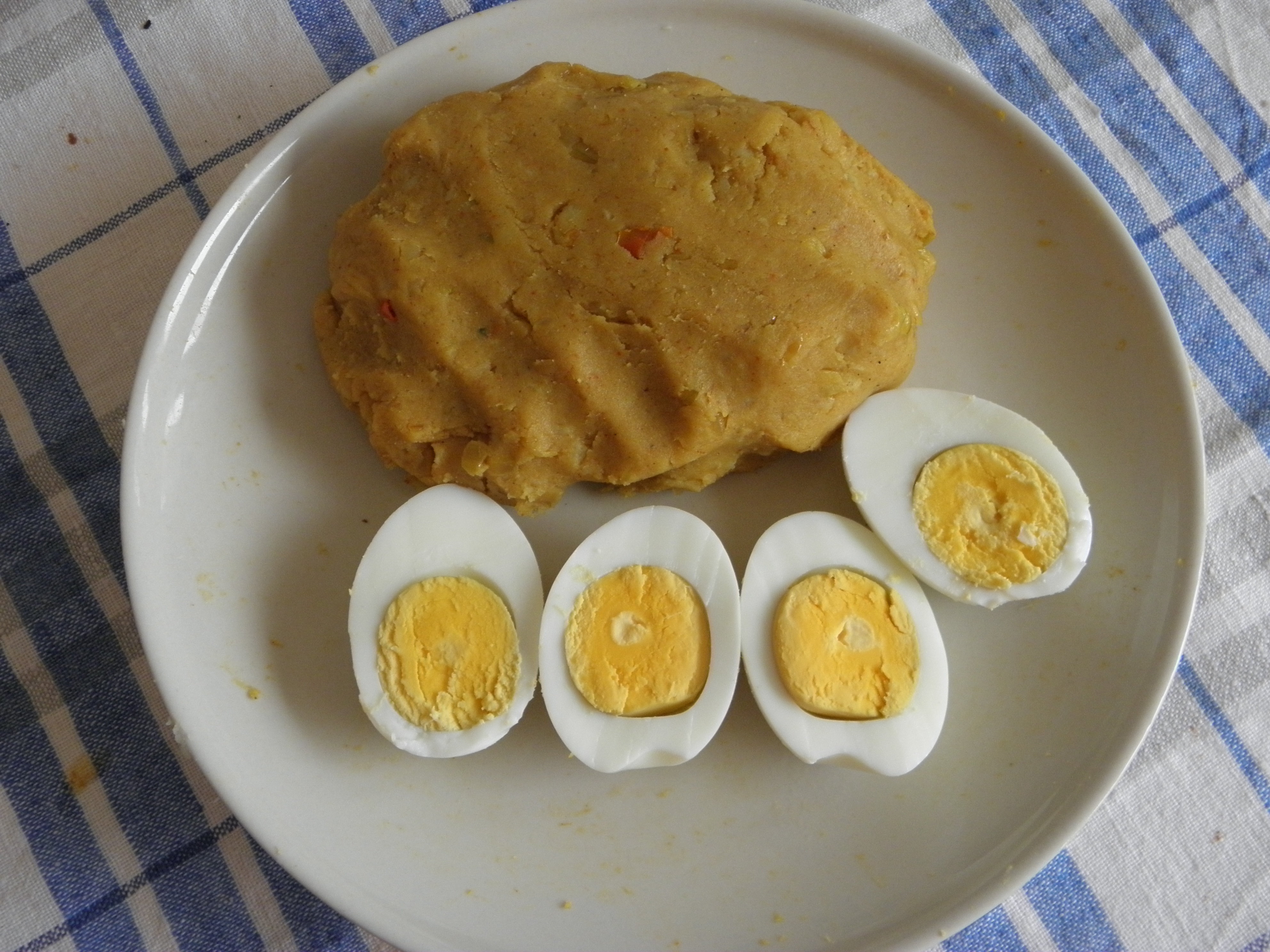 Potato mixture & eggs cut into halves